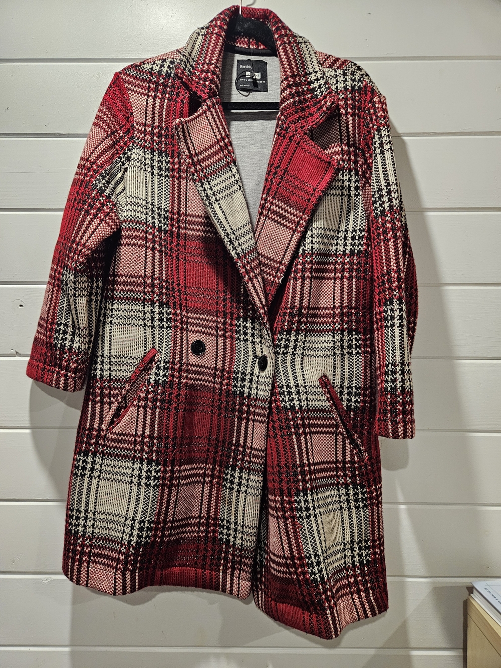 Bershka Red, Cream and Black Plaid Double-Breasted Pea Coat
